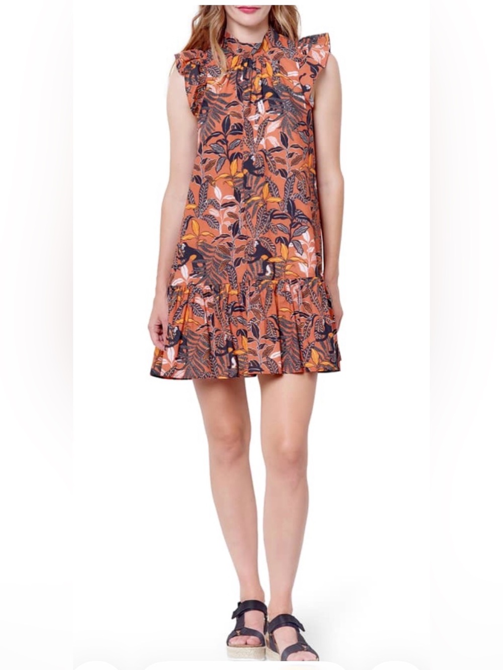 Corey Lynn Calter “Roanne” mini swing jungle print dress with rufffles